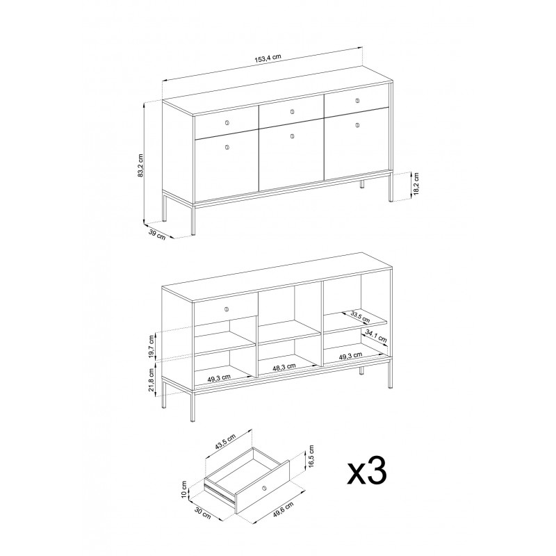 MOLLY 154 cm Kommode dreitürige mit 3 Schubladen auf Schwarzbeine - Dunkelblau 6/9