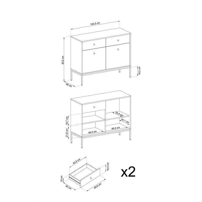 MOLLY 104 cm Kommode 2-türige mit 2 Schubladen auf Schwarzbeine -Dunkelblau