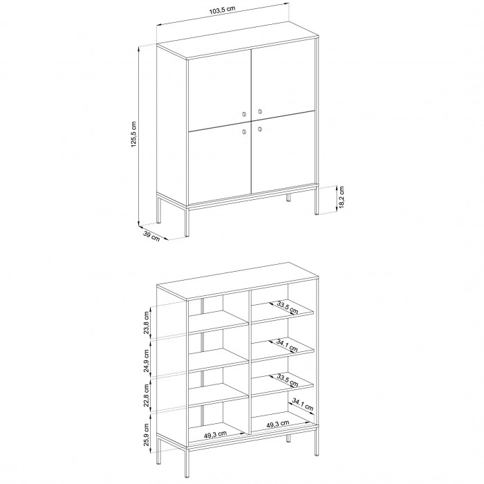 MOLLY 104 cm Vitrine Hoche Kommode 4-türig auf Schwarzbeine - Dunkelblau