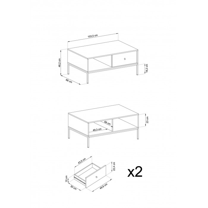 MOLLY Kaffeetisch Couchtisch mit Schublade  auf Schwarzbeine - Beige