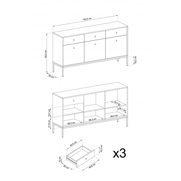 MOLLY 154 cm Kommode dreitürige mit 3 Schubladen  auf Schwarzbeine - Beige