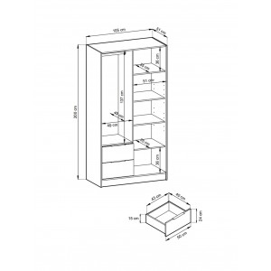 Zweitüriger 2D-Kleiderschrank Nelly mit Lattenrost und handgefertigtem Eichenspiegel 4/9