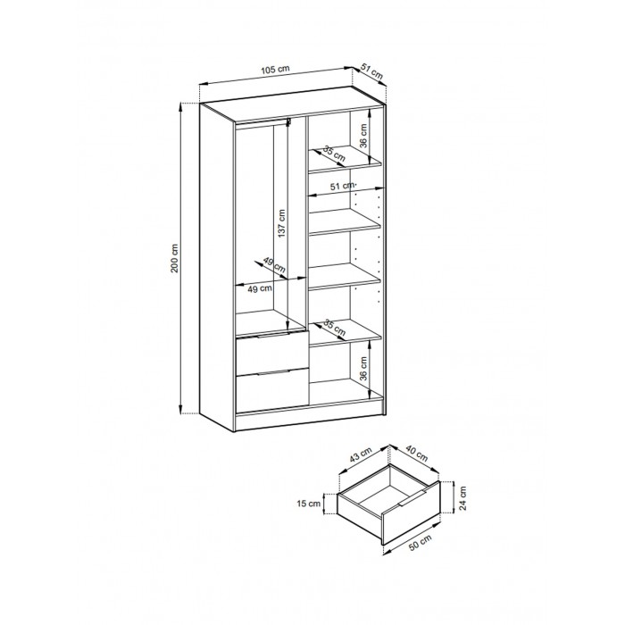 Kippbarer Nelly 2D-Kleiderschrank in Graphit mit Spiegel und Schubladen