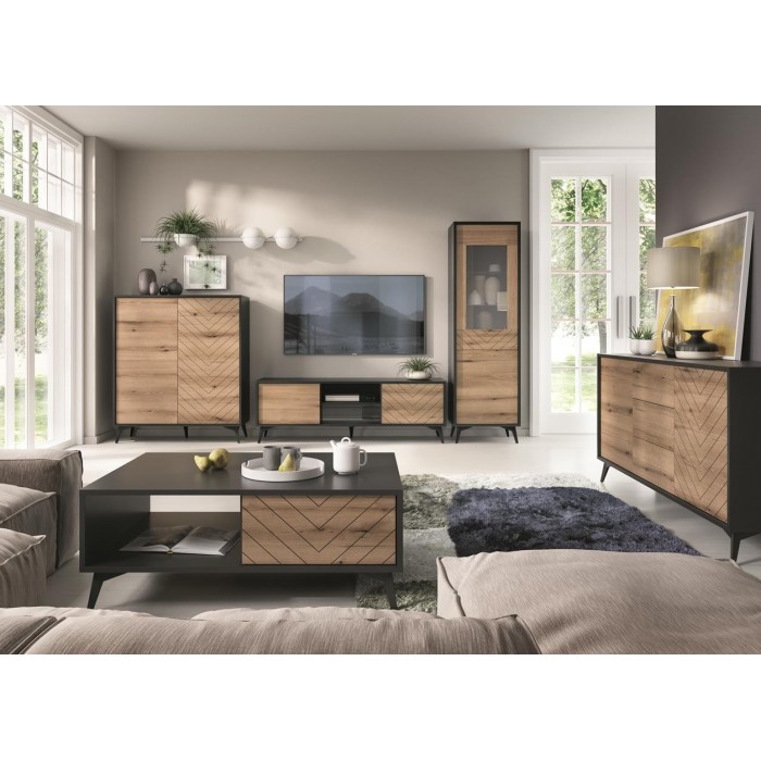 DIAMOND Hochschrank für modernes Wohnzimmer / Eiche evoke + schwarz matt