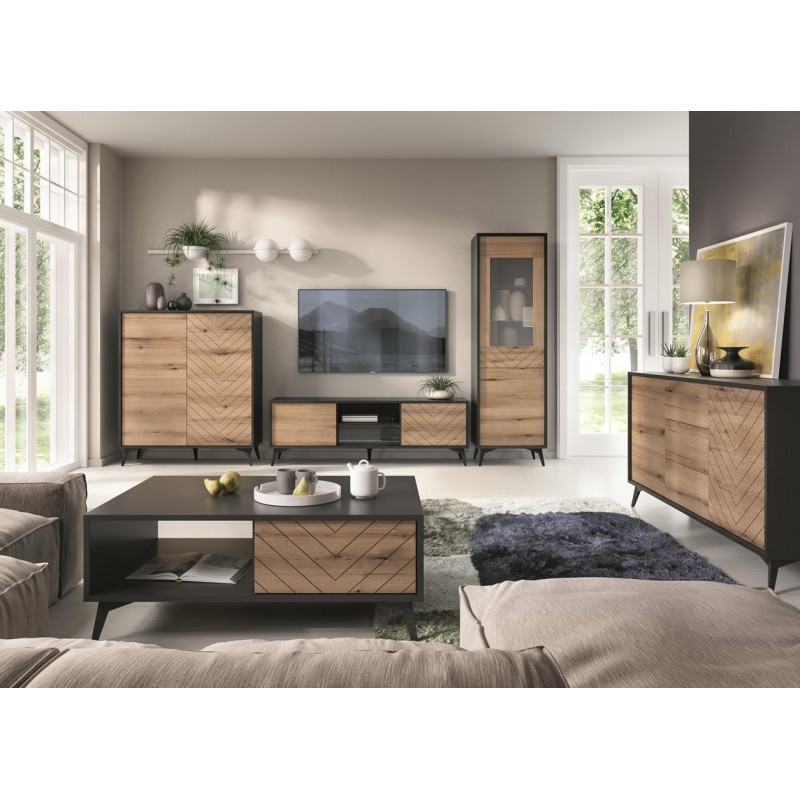 DIAMOND Hochschrank für modernes Wohnzimmer / Eiche evoke + schwarz matt 7/9