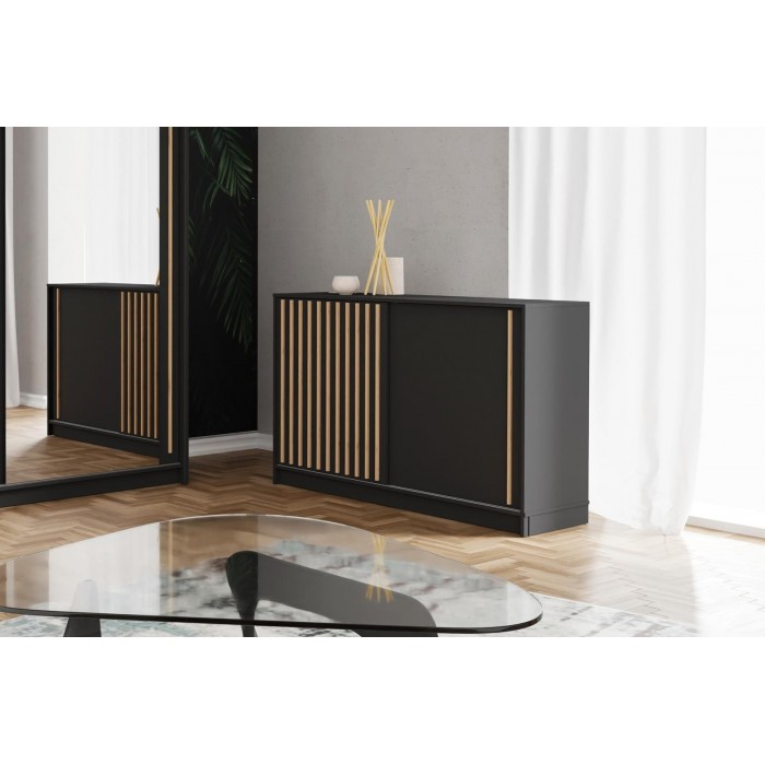 Kommode Sideboard mit Schiebetüren Schrank mit Lamellen 150 cm LAY  Schwarz + Wotan Lamellen