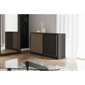 Kommode Sideboard mit Schiebetüren Schrank mit Lamellen 150 cm LAY  Schwarz + Wotan Lamellen 3/9