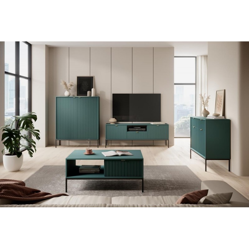 NOVA 104 cm Geriffelt Kommode 2-türig mit 2 Schubladen Schwarzbeine und Goldgriffe - Grün 5/9