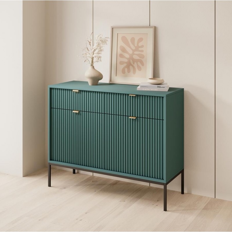 NOVA 104 cm Geriffelt Kommode 2-türig mit 2 Schubladen Schwarzbeine und Goldgriffe - Grün 3/9