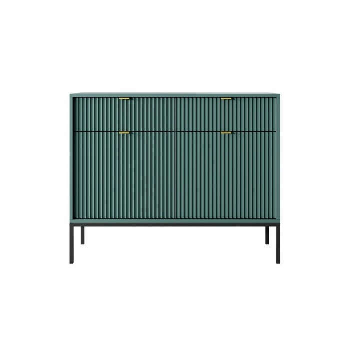 NOVA 104 cm Geriffelt Kommode 2-türig mit 2 Schubladen Schwarzbeine und Goldgriffe - Grün
