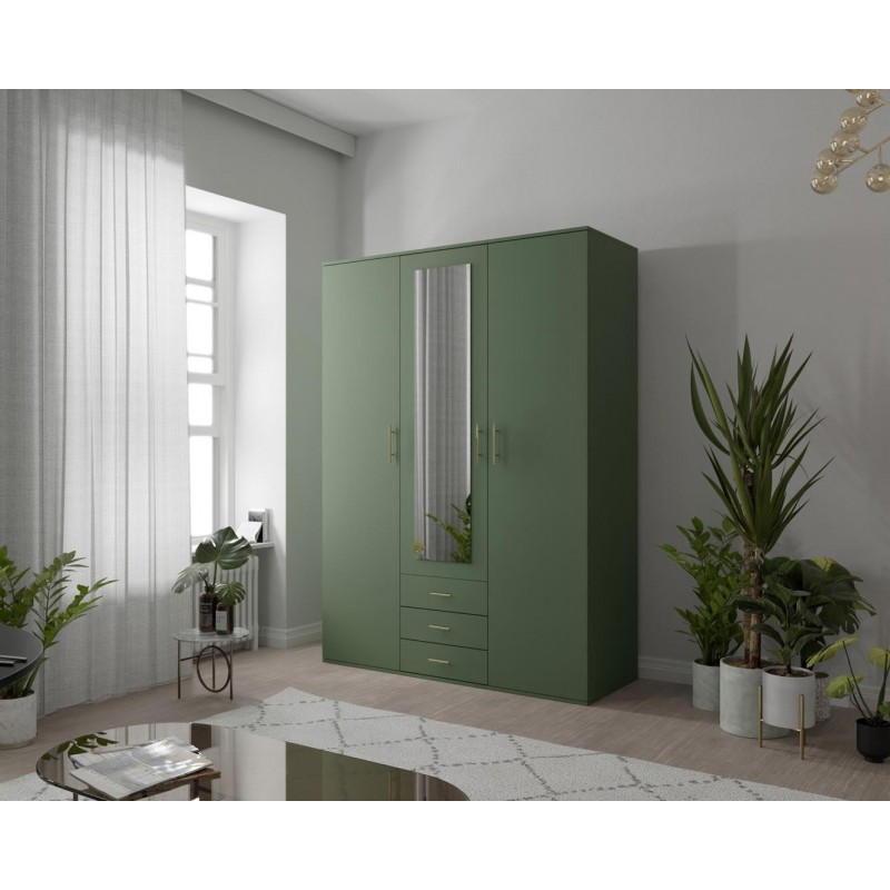 Drehtürenschrank Kleiderschrank mit Spiege 3 Schubladen und 3 Türen GREEN 150 cm Grün 2/9