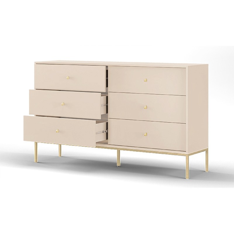 MOLLY 154 cm Kommode mit 6 Schubladen Gold Metallgriff Goldbeine - Beige
 2/9