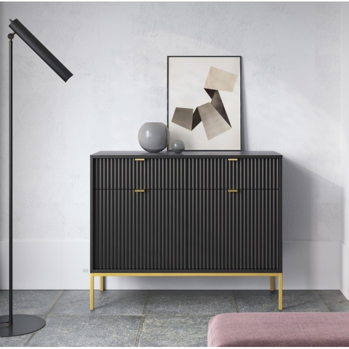 NOVA 104 cm Geriffelt Kommode 2-türig mit 2 Schubladen Goldbeine - Schwarz