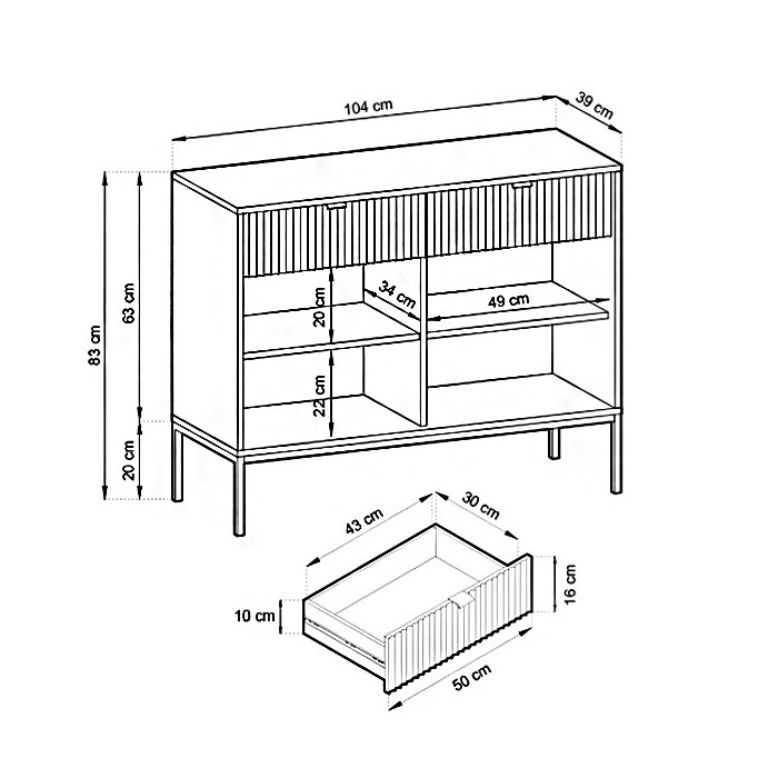 NOVA 104 cm Geriffelt Kommode 2-türig mit 2 Schubladen Goldbeine - Schwarz