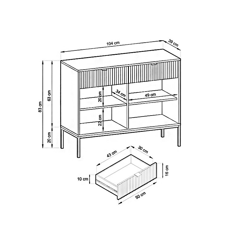 NOVA 104 cm Geriffelt Kommode 2-türig mit 2 Schubladen Goldbeine - Schwarz 5/9