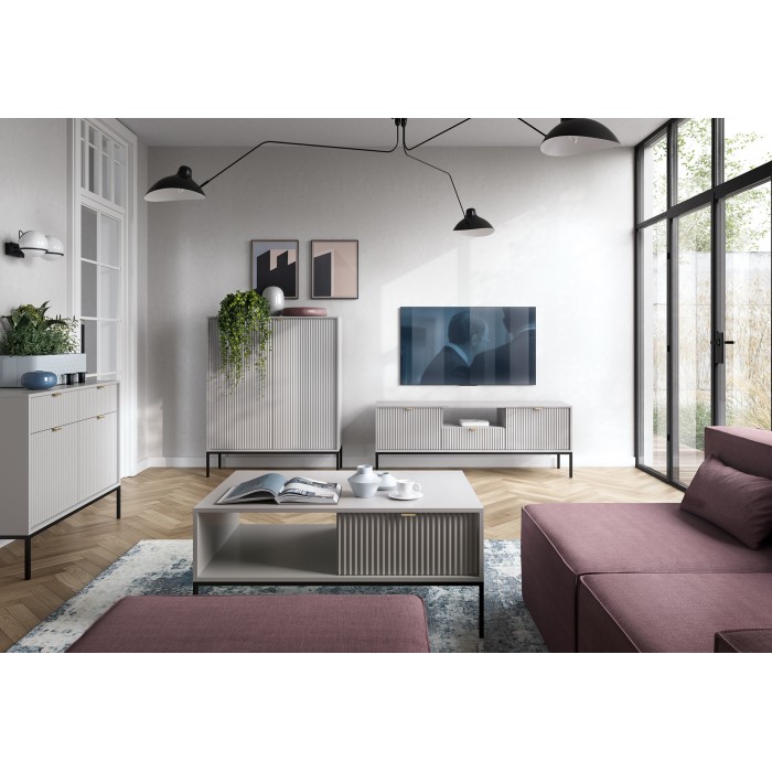 NOVA 104 cm Geriffelt Vitrine Hoche Kommode 2-türig auf Schwarzbeine - Grau