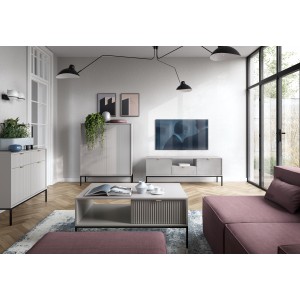 NOVA 104 cm Geriffelt Vitrine Hoche Kommode 2-türig auf Schwarzbeine - Grau 5/9