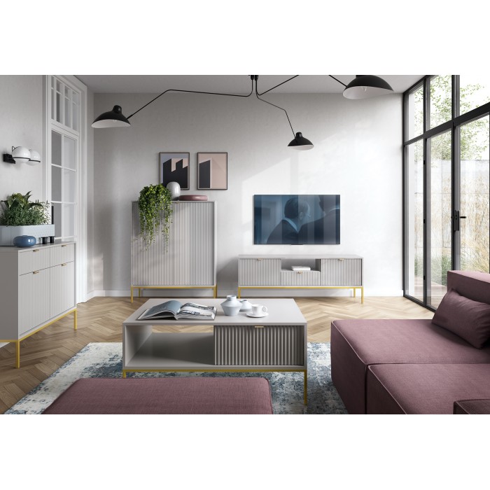 NOVA 104 cm Geriffelt Kommode 2-türig mit 2 Schubladen Goldbeine - Grau