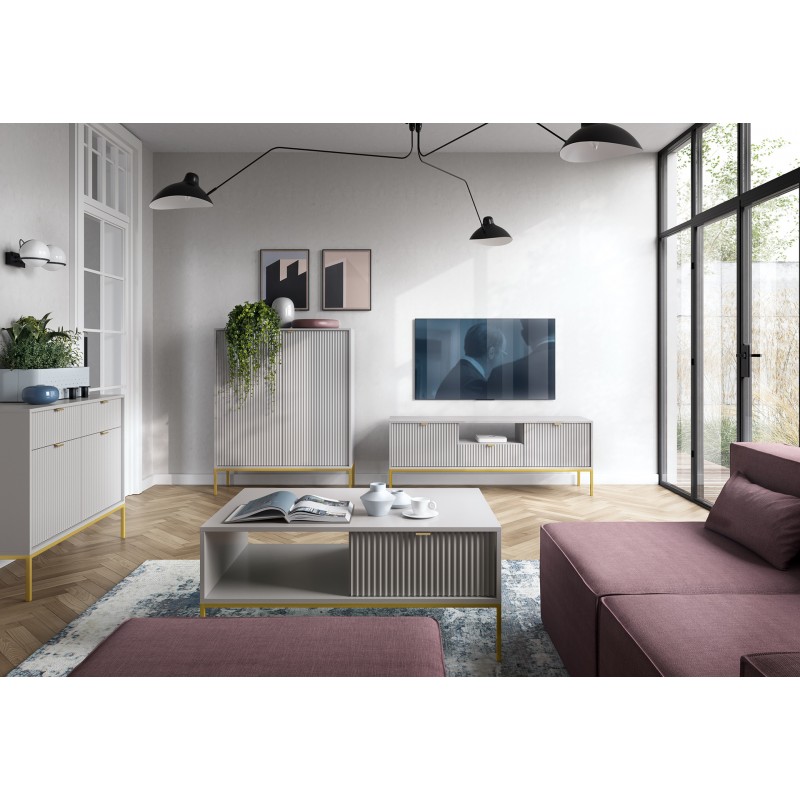 NOVA 104 cm Geriffelt Kommode 2-türig mit 2 Schubladen Goldbeine - Grau 5/9