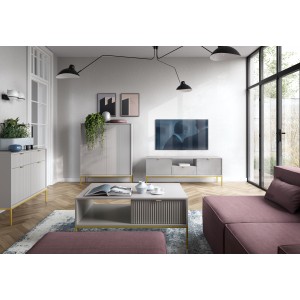 NOVA 104 cm Geriffelt Kommode 2-türig mit 2 Schubladen Goldbeine - Grau 5/9