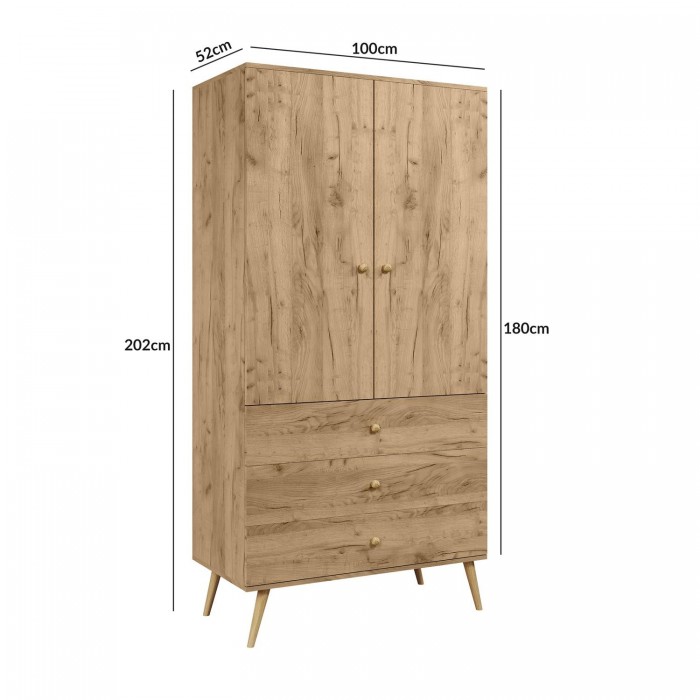 IKON Kleiderschrank Zweitüriger mit Schubladen String Griffe 100 cm Eiche Gold