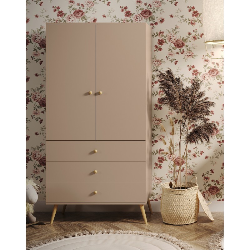 IKON Kleiderschrank Zweitüriger mit Schubladen String Griffe 100 cm Beige Macchiato 2/9