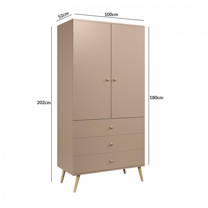 IKON Kleiderschrank Zweitüriger mit Schubladen String Griffe 100 cm Beige Macchiato