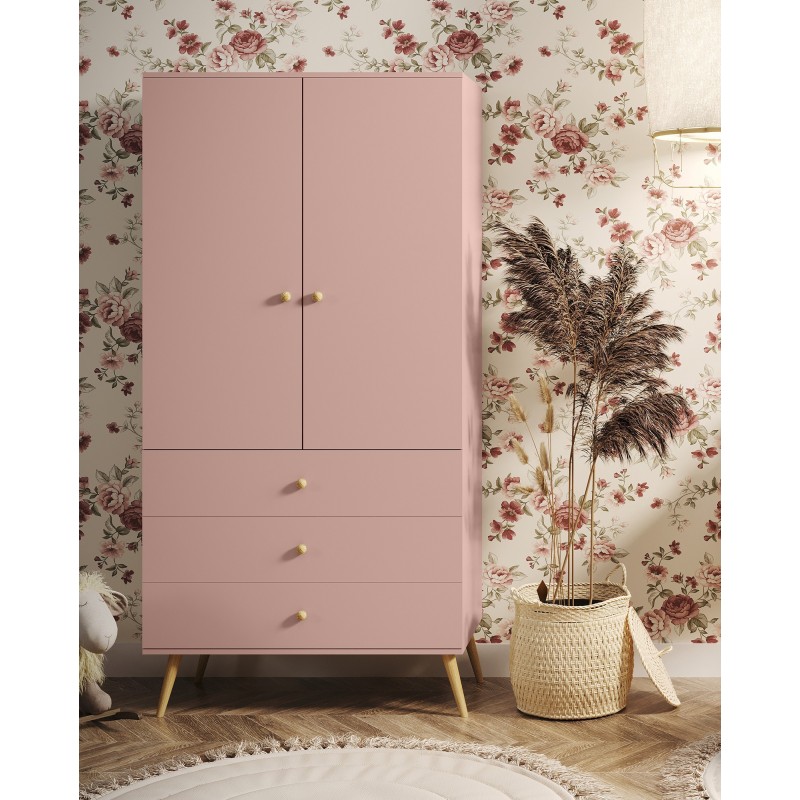 IKON Kleiderschrank Zweitüriger mit Schubladen String Griffe 100 cm Rosa  2/9