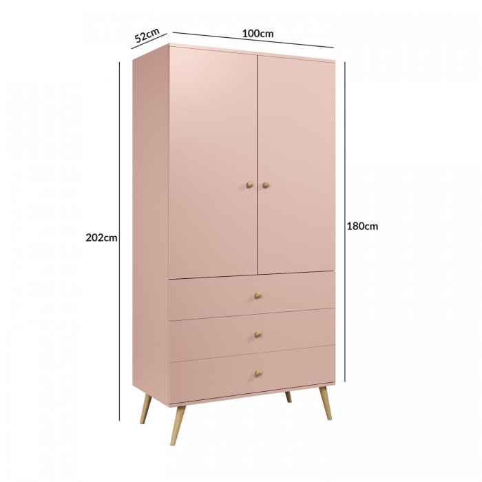 IKON Kleiderschrank Zweitüriger mit Schubladen String Griffe 100 cm Rosa 