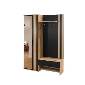 Flurgarderobe Garderobe mit Spiegel und Lamellen Ablage und Schuhschrank MOLO - Schwarz + Wotan 1/9