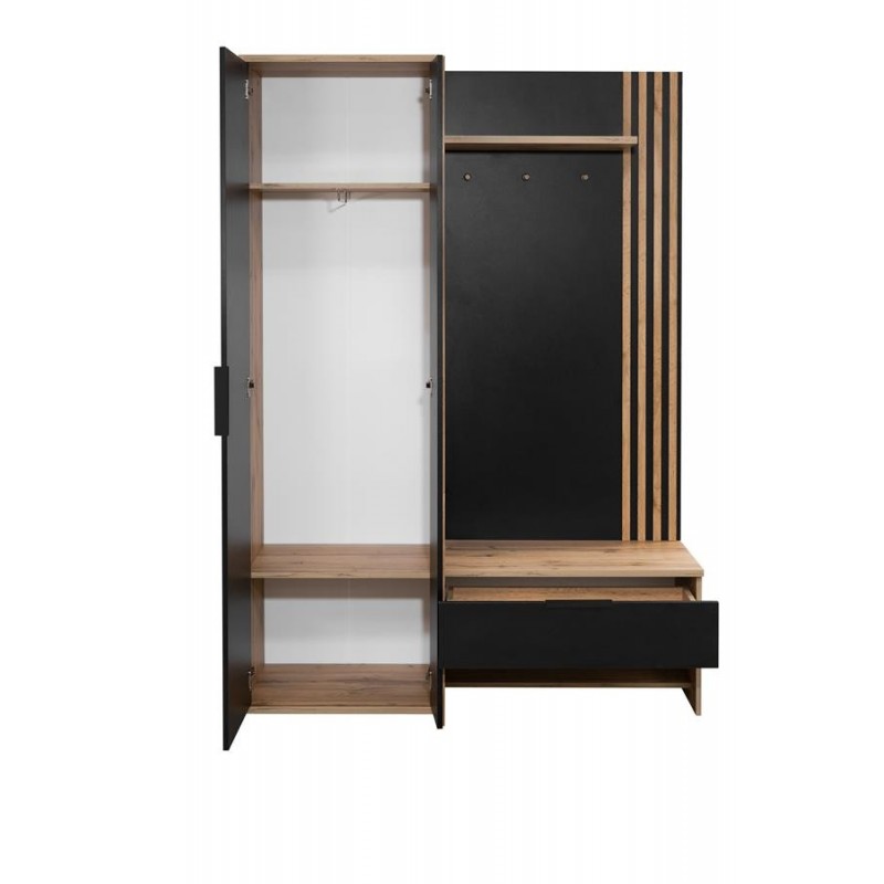 Flurgarderobe Garderobe mit Spiegel und Lamellen Ablage und Schuhschrank MOLO - Schwarz + Wotan 2/9