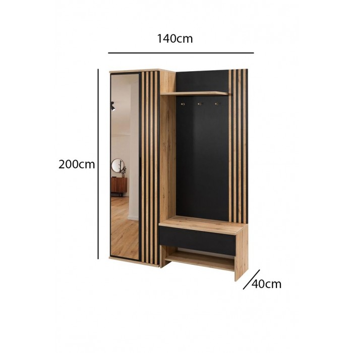 Flurgarderobe Garderobe mit Spiegel und Lamellen Ablage und Schuhschrank MOLO - Schwarz + Wotan