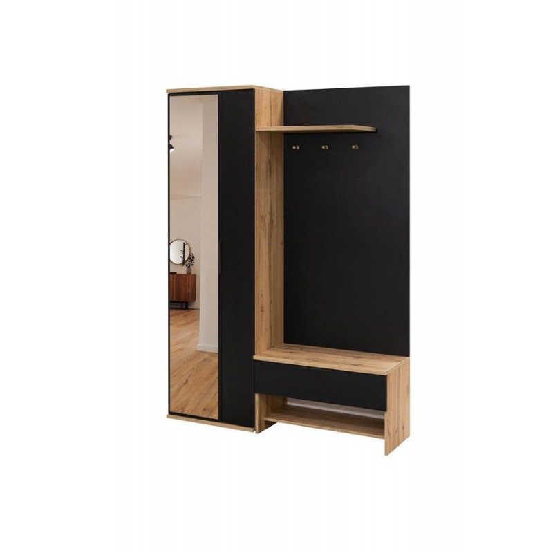 Flurgarderobe Garderobe mit Spiegel Ablage und Schuhschrank MOLO - Schwarz + Wotan 1/9