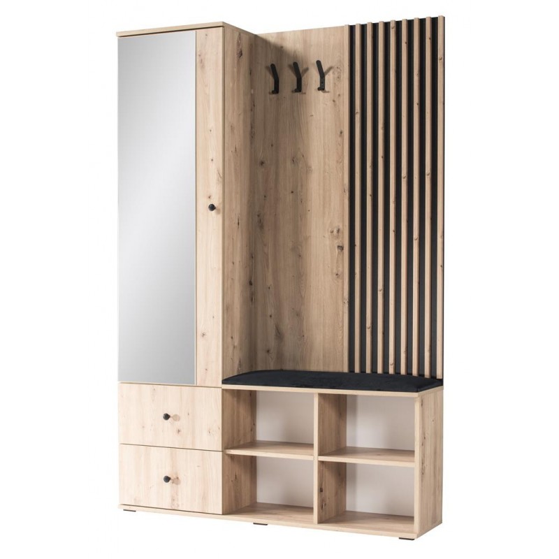 Garderobe Flurgarderobe mit Spiegel decorativ Lamelen Schuhschrank - CALI Eiche Artisan 1/9