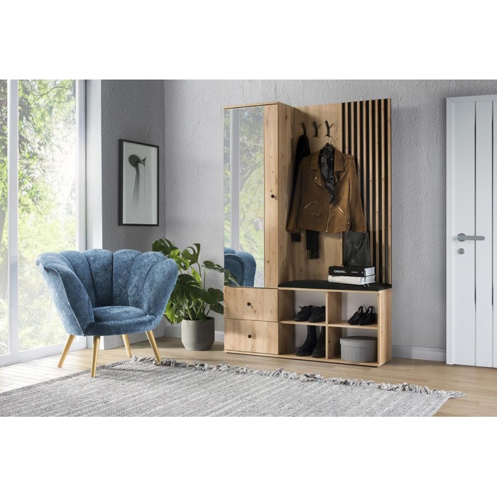 Garderobe Flurgarderobe mit Spiegel decorativ Lamelen Schuhschrank - CALI Eiche Artisan