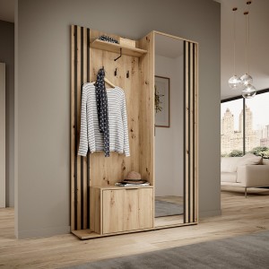 Flurgarderobe Garderobe mit Spiegel und Lamellen Schuhschrank NELLY - Eiche Artisan 2/9