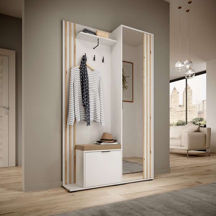 Flurgarderobe Garderobe mit Spiegel und Lamellen Schuhschrank NELLY - Weiß