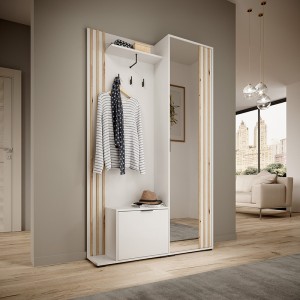 Flurgarderobe Garderobe mit Spiegel und Lamellen Schuhschrank NELLY + Kissen - Weiß 2/9