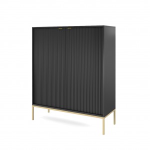 NOVA 104 cm Geriffelt Vitrine Hoche Kommode 2-türig auf Goldbeine - Schwarz  1/9