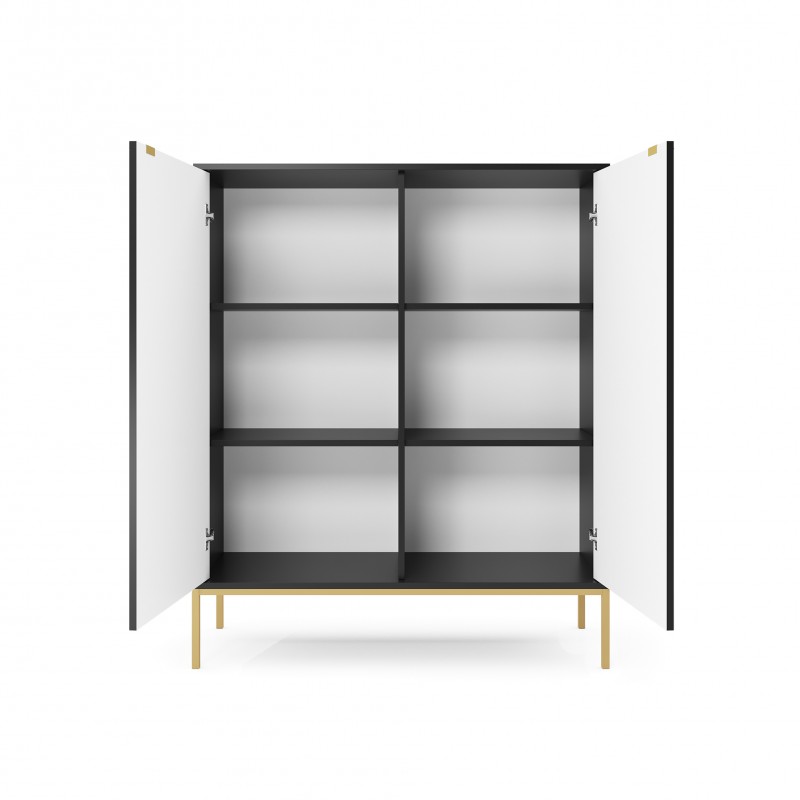 NOVA 104 cm Geriffelt Vitrine Hoche Kommode 2-türig auf Goldbeine - Schwarz  2/9