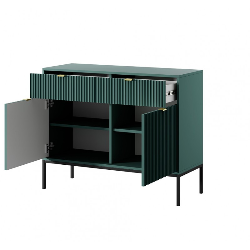 NOVA 104 cm Geriffelt Kommode 2-türig mit 2 Schubladen Schwarzbeine und Goldgriffe - Grün 2/9