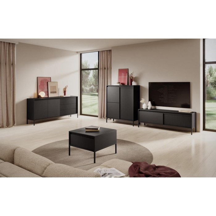 Breite Kommode mit geriffelten Fronten SENSO 187 x 81 cm Schwarz