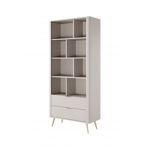 Bücherregal Regal mit 2 Schubladen Geriffelt Fronten goldene Beine goldene Griffe Standregal LANTE Beige 1/9