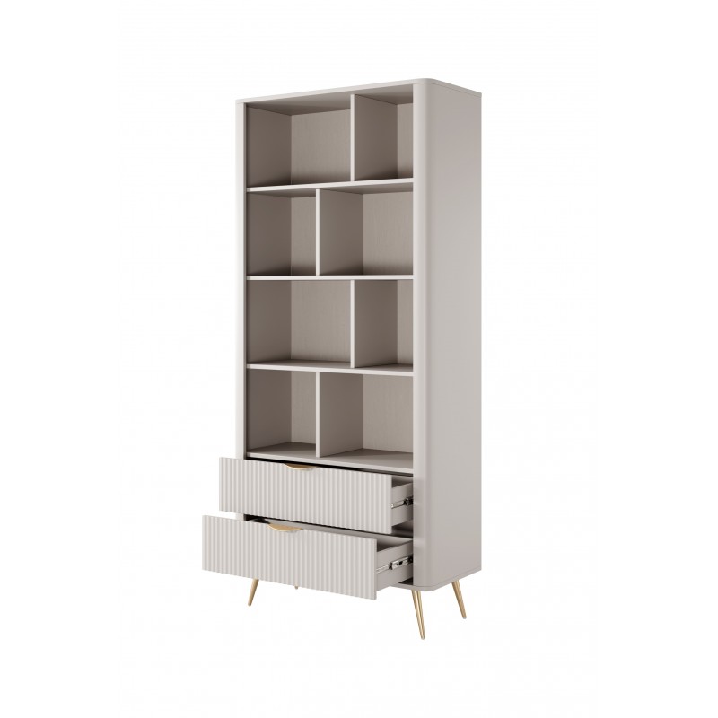 Bücherregal Regal mit 2 Schubladen Geriffelt Fronten goldene Beine goldene Griffe Standregal LANTE Beige 2/9