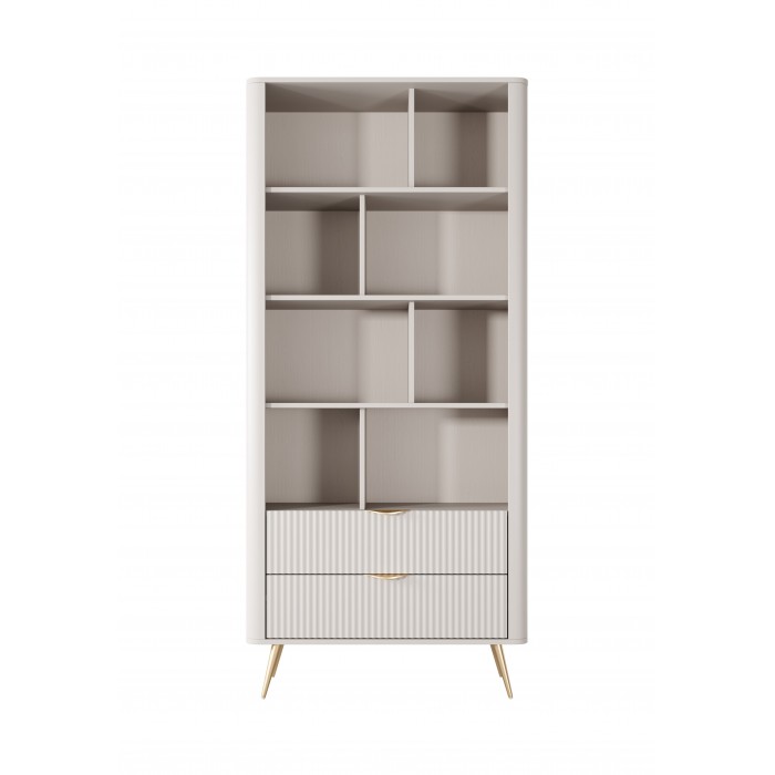 Bücherregal Regal mit 2 Schubladen Geriffelt Fronten goldene Beine goldene Griffe Standregal LANTE Beige