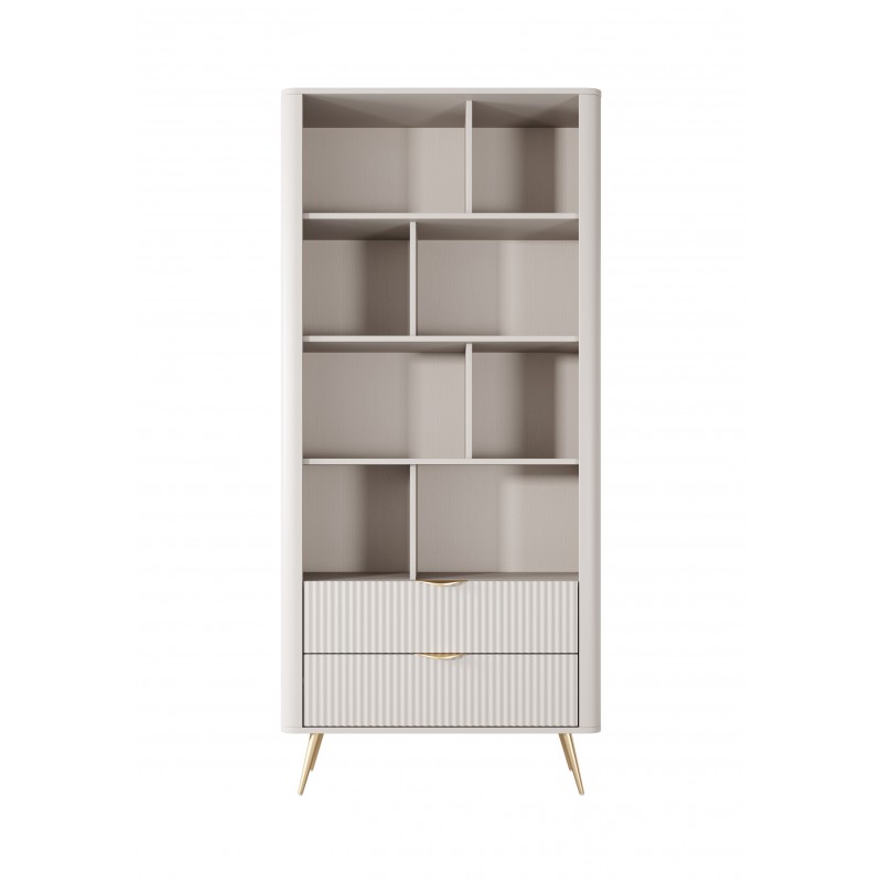 Bücherregal Regal mit 2 Schubladen Geriffelt Fronten goldene Beine goldene Griffe Standregal LANTE Beige 4/9