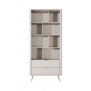 Bücherregal Regal mit 2 Schubladen Geriffelt Fronten goldene Beine goldene Griffe Standregal LANTE Beige 4/9