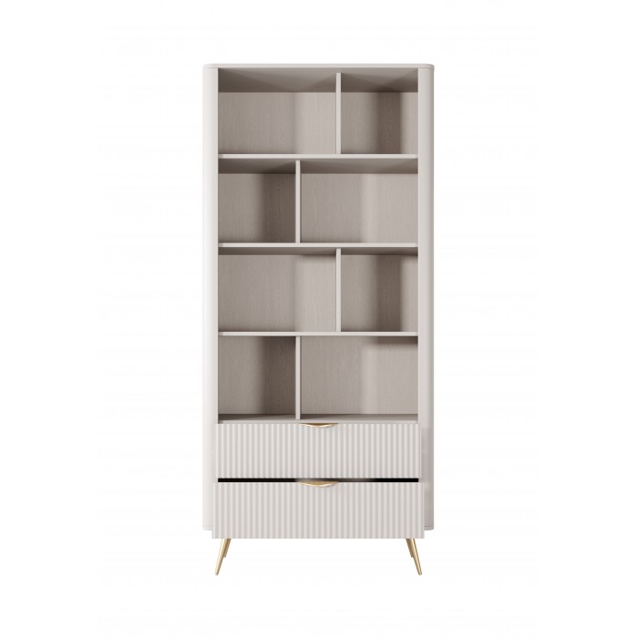 Bücherregal Regal mit 2 Schubladen Geriffelt Fronten goldene Beine goldene Griffe Standregal LANTE Beige