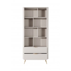 Bücherregal Regal mit 2 Schubladen Geriffelt Fronten goldene Beine goldene Griffe Standregal LANTE Beige 5/9