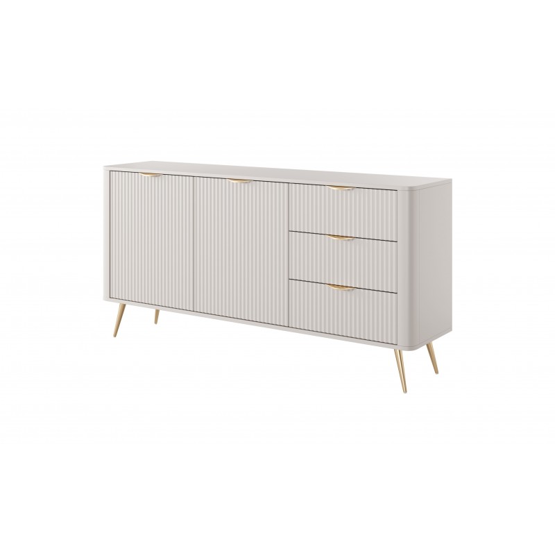 Zweitürige breite Kommode mit 3 Schubladen Geriffelt Fronten Goldbeine Goldgriffe LANTE 163 cm Beige